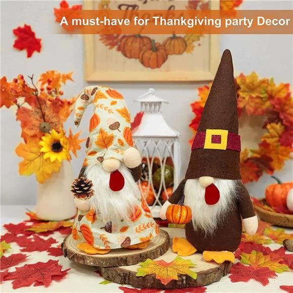 2PCS Fall Thanksgiving Gnomes Plush Decoration - Gnomes Hold Pumpkin & Pine Cone - Picture 2 of 6